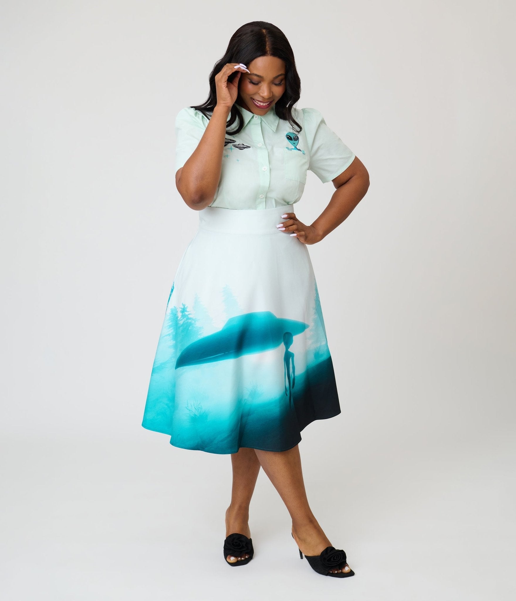 Unique Vintage Plus Size UFO Print Vivian Swing Skirt - Unique Vintage - Womens, BOTTOMS, SKIRTS