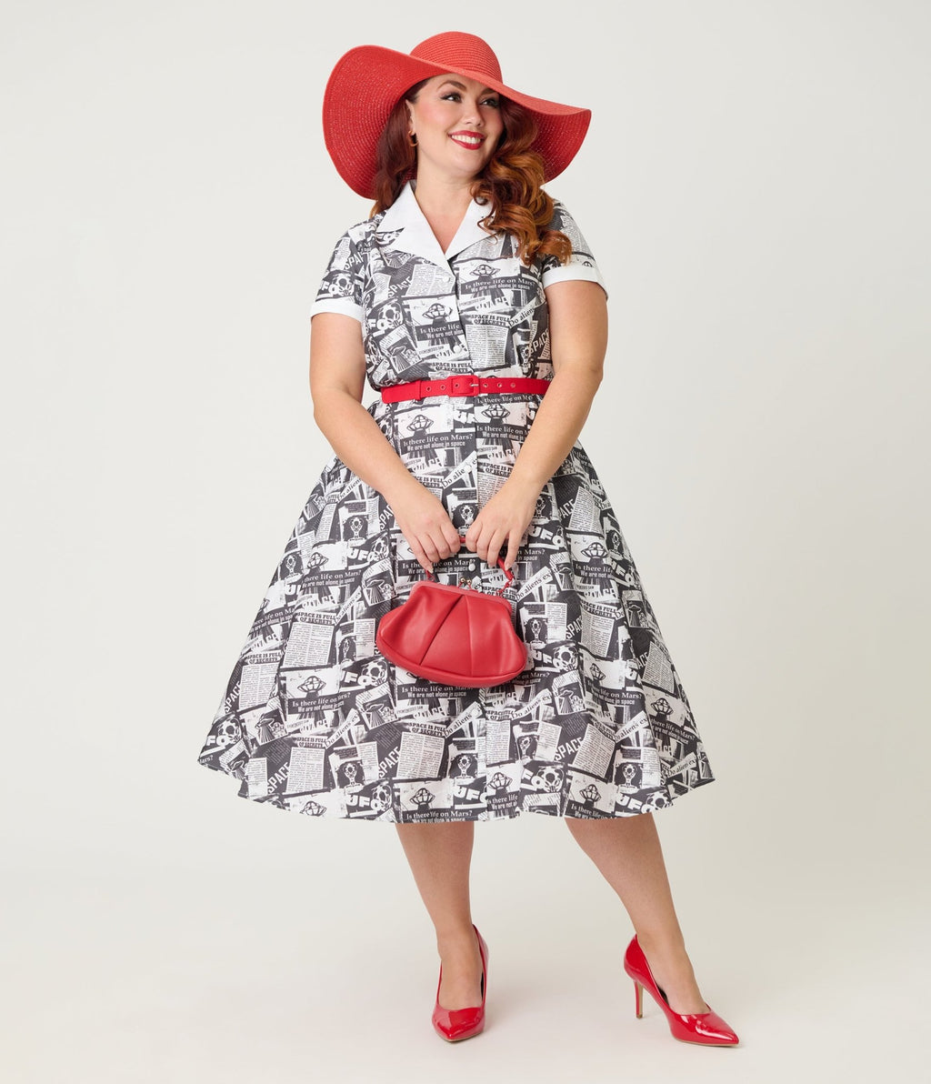 Unique Vintage Plus Size UFO Sighting Newspaper Print Alexis Swing Dress - Unique Vintage - Womens, DRESSES, SWING