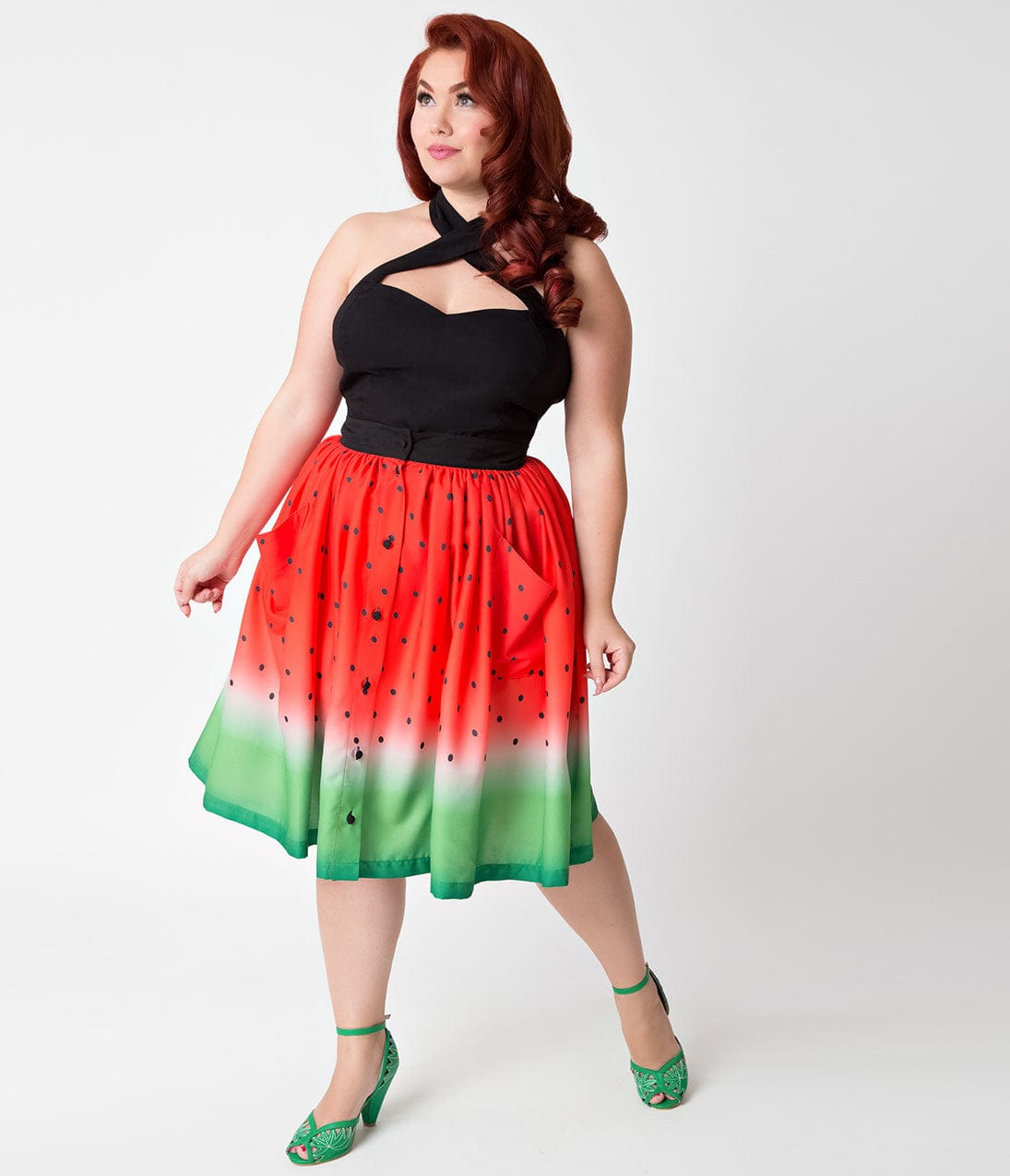 Unique Vintage Plus Size Watermelon Ombre Button Up Elora Swing Skirt - Unique Vintage - Womens, BOTTOMS, SKIRTS