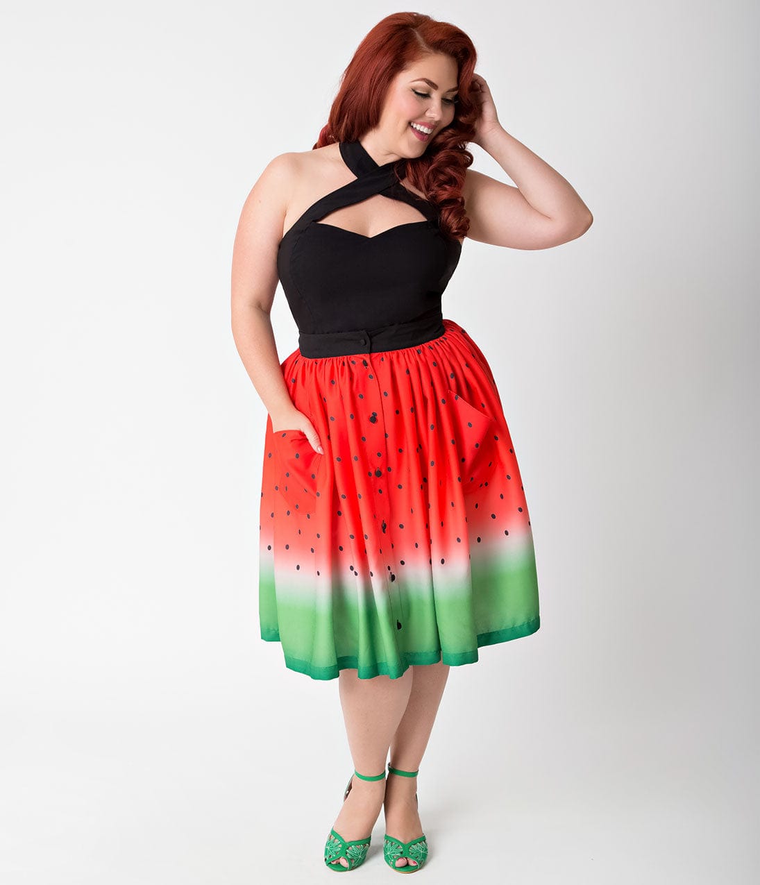 Unique Vintage Plus Size Watermelon Ombre Button Up Elora Swing Skirt - Unique Vintage - Womens, BOTTOMS, SKIRTS