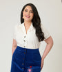 Unique Vintage Plus Size White & Bee Embroidered Notch Collar Blouse