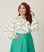 Unique Vintage Plus Size White Christmas Lights Long Sleeve Gwen Blouse - Unique Vintage - Womens, TOPS, WOVEN TOPS