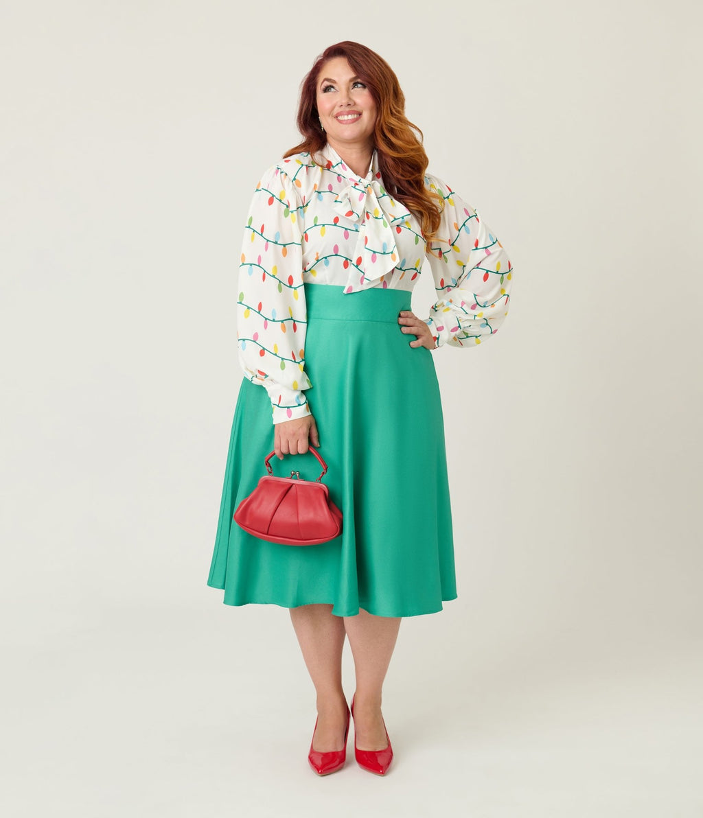 Unique Vintage Plus Size White Christmas Lights Long Sleeve Gwen Blouse - Unique Vintage - Womens, TOPS, WOVEN TOPS