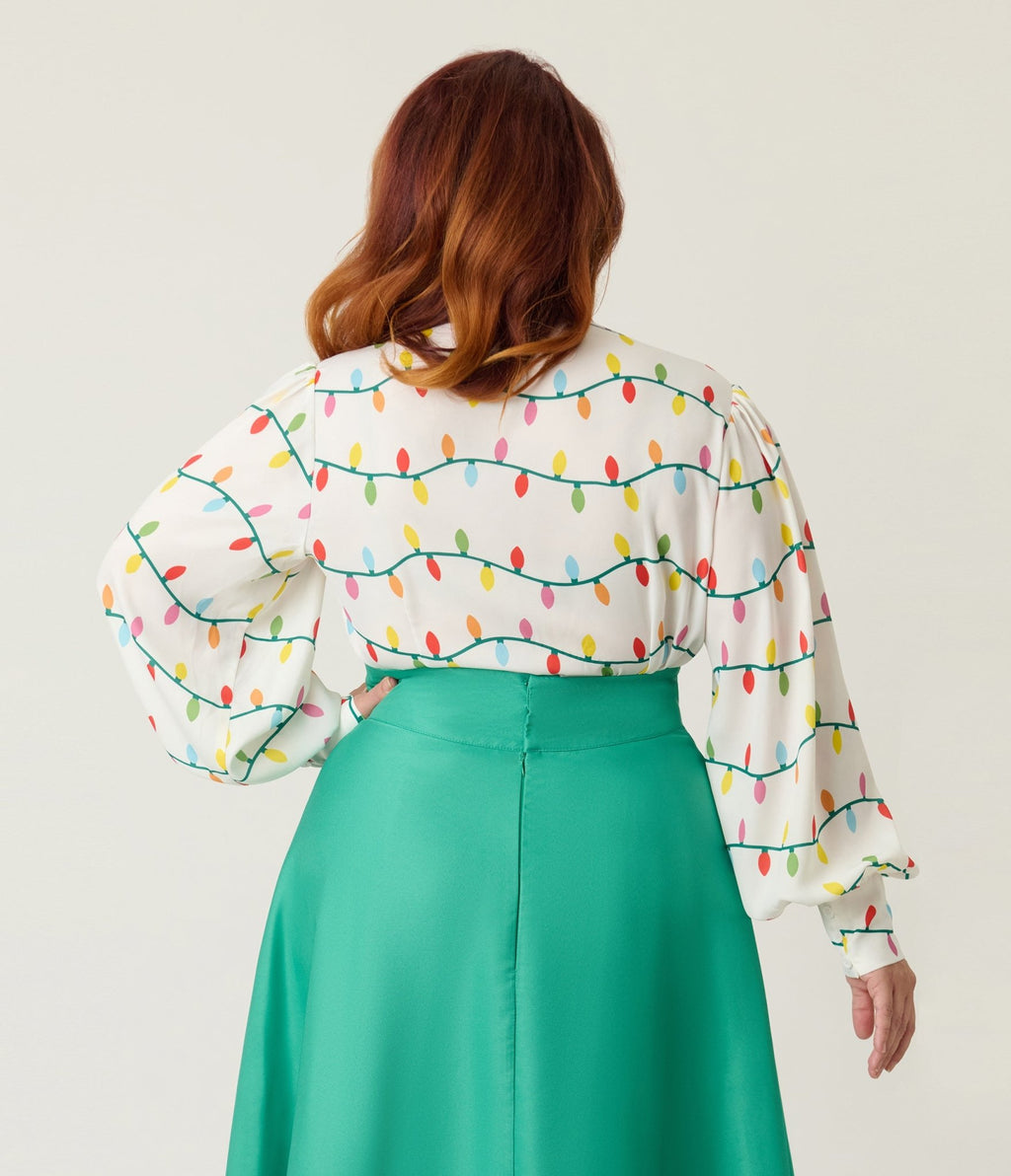 Unique Vintage Plus Size White Christmas Lights Long Sleeve Gwen Blouse - Unique Vintage - Womens, TOPS, WOVEN TOPS
