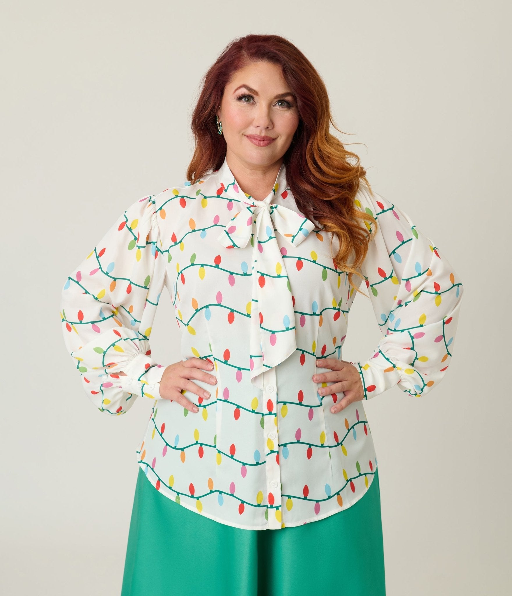 Unique Vintage Plus Size White Christmas Lights Long Sleeve Gwen Blouse - Unique Vintage - Womens, TOPS, WOVEN TOPS