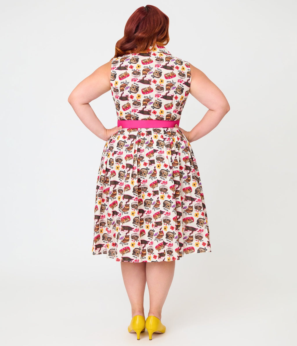 Unique Vintage Plus Size White Kitschy Cat Print Edith Swing Dress - Unique Vintage - Womens, DRESSES, SWING