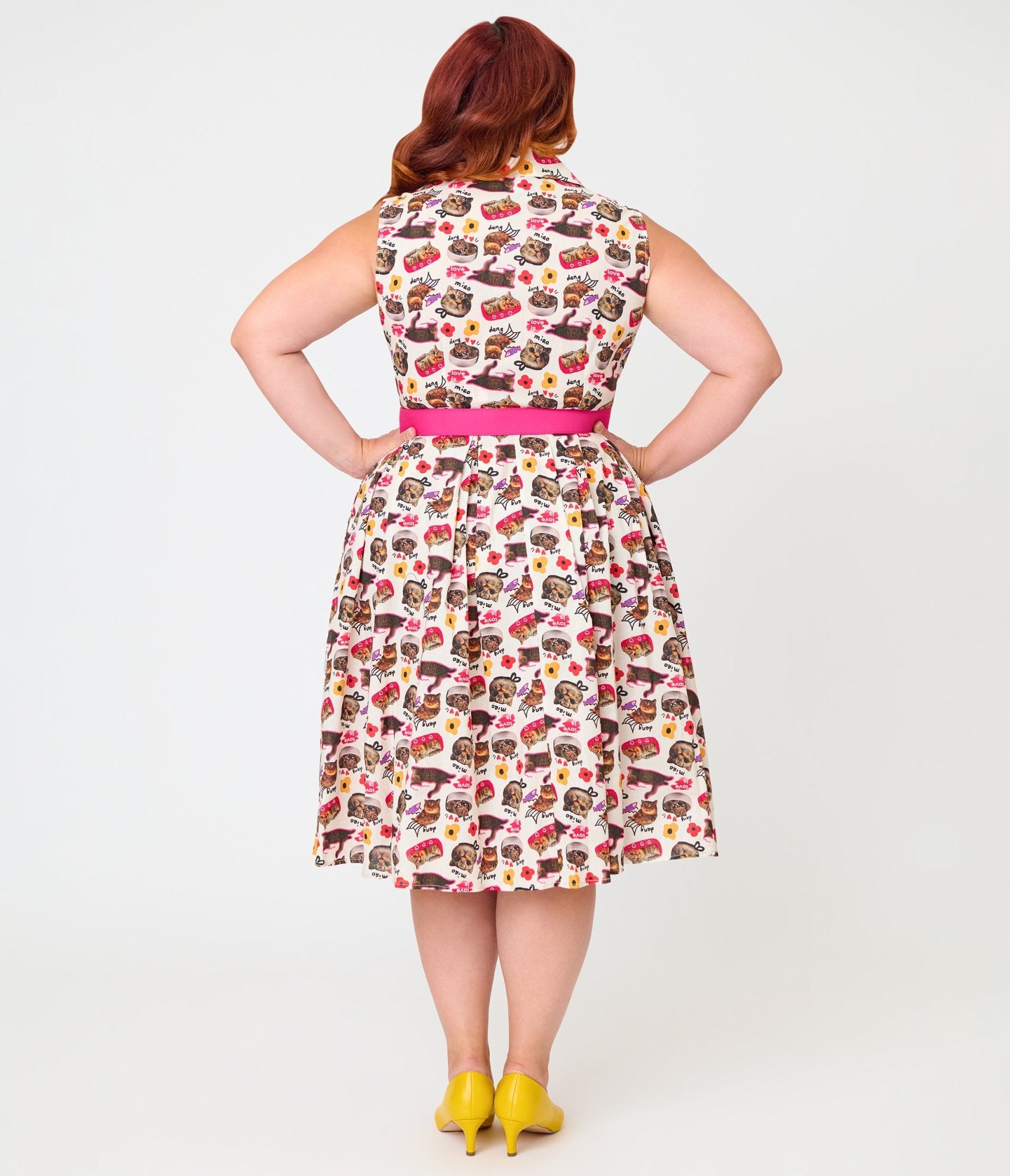 Unique Vintage Plus Size White Kitschy Cat Print Edith Swing Dress - Unique Vintage - Womens, DRESSES, SWING