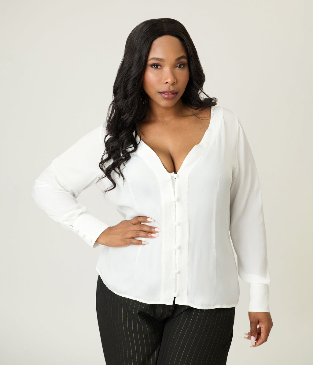 Unique Vintage Plus Size White Long Sleeve Blouse - Unique Vintage - Womens, TOPS, WOVEN TOPS