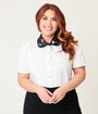 Unique Vintage Plus Size White Planet Embroidered Collared Blouse