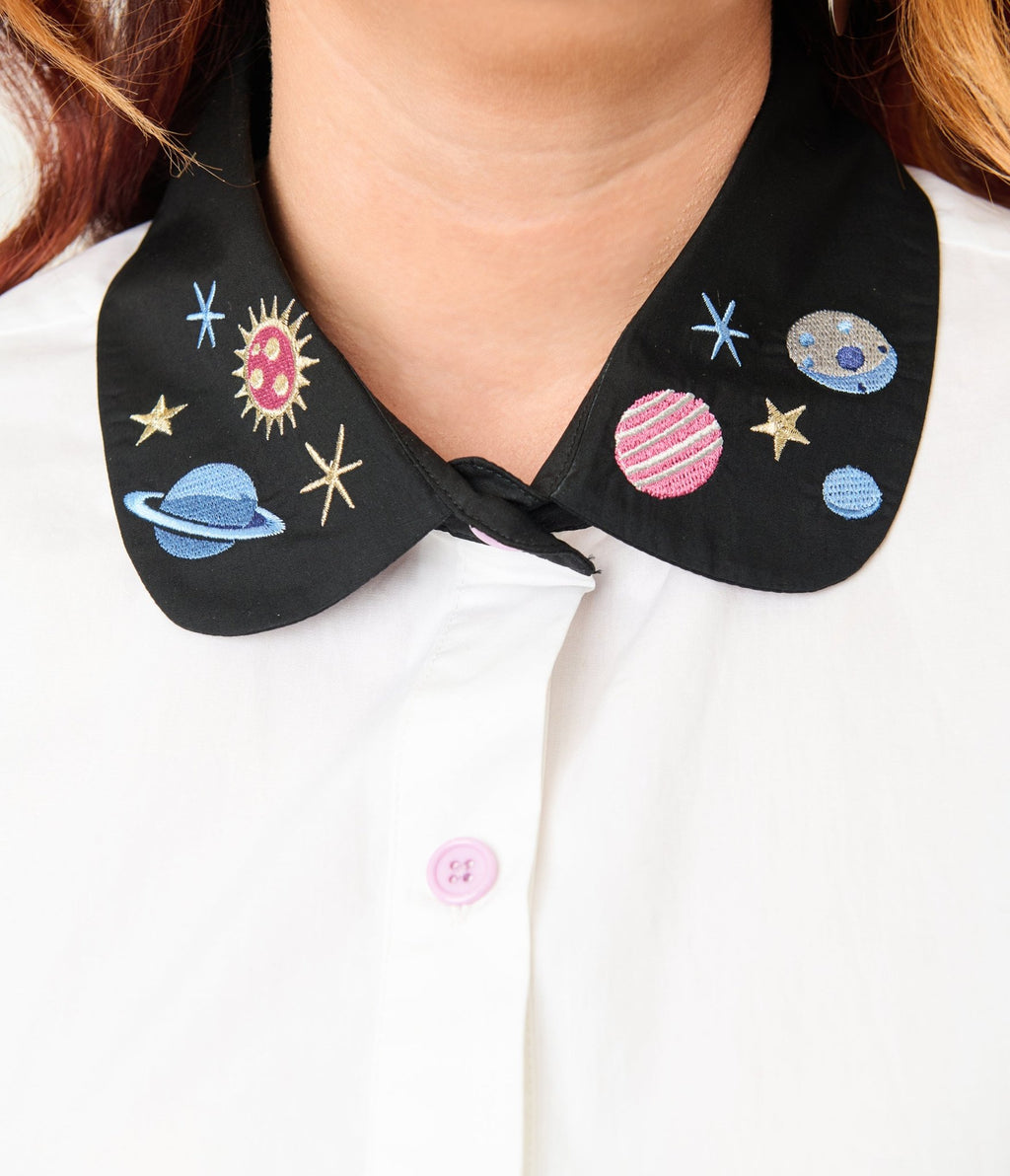 Unique Vintage Plus Size White Planet Embroidered Collared Blouse - Unique Vintage - Womens, TOPS, WOVEN TOPS