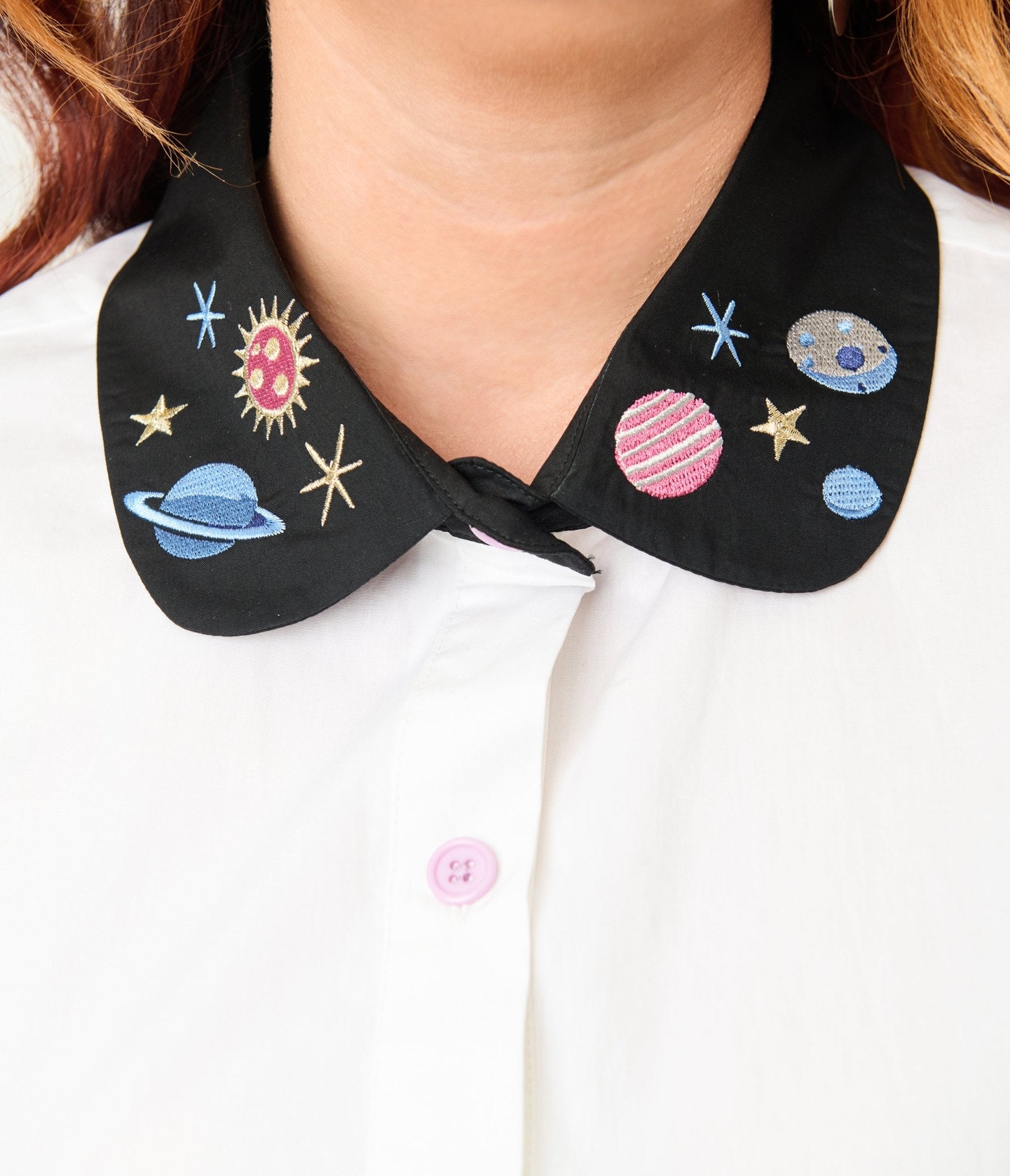 Unique Vintage Plus Size White Planet Embroidered Collared Blouse - Unique Vintage - Womens, TOPS, WOVEN TOPS
