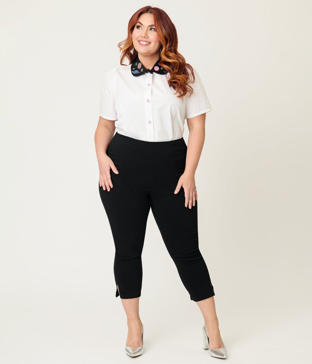 Unique Vintage Plus Size White Planet Embroidered Collared Blouse - Unique Vintage - Womens, TOPS, WOVEN TOPS