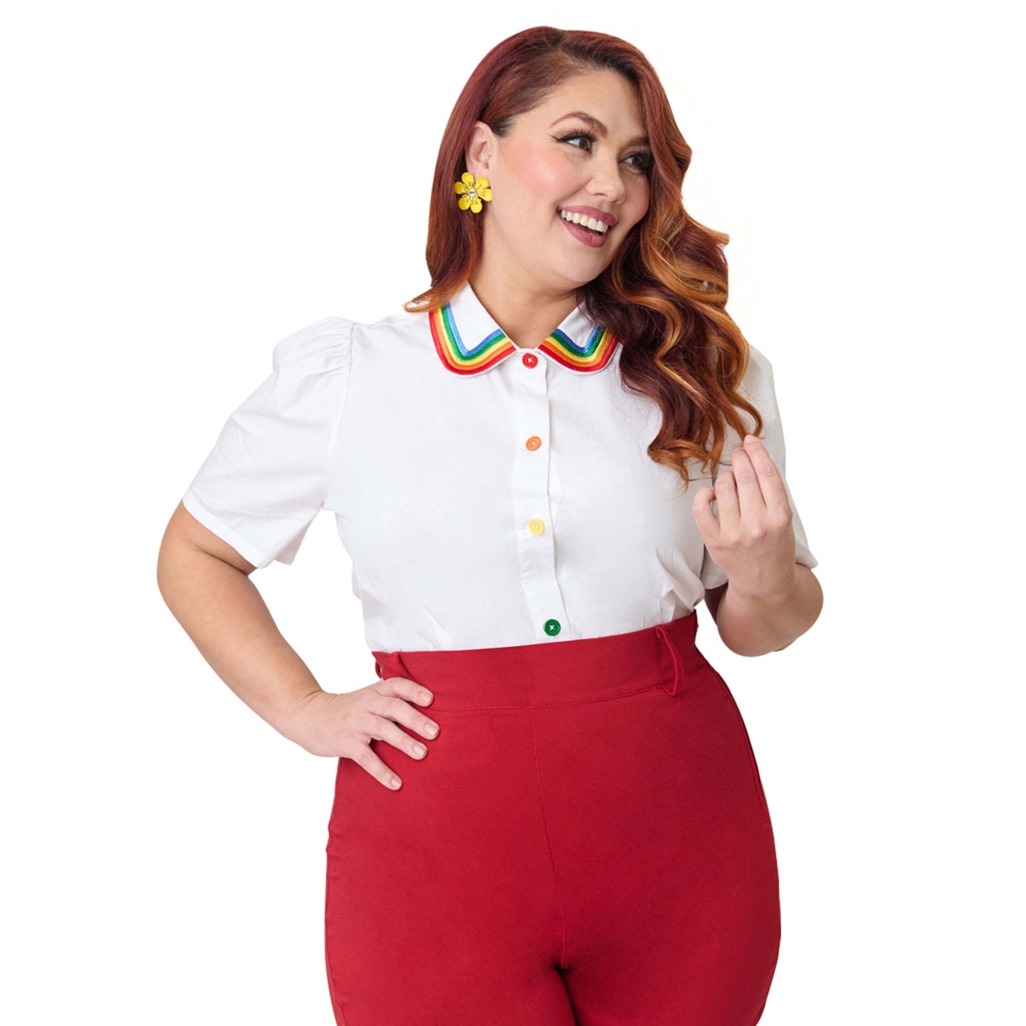 Unique Vintage Plus Size White Rainbow Embroidered Collar Blouse - Unique Vintage - Womens, TOPS, WOVEN TOPS