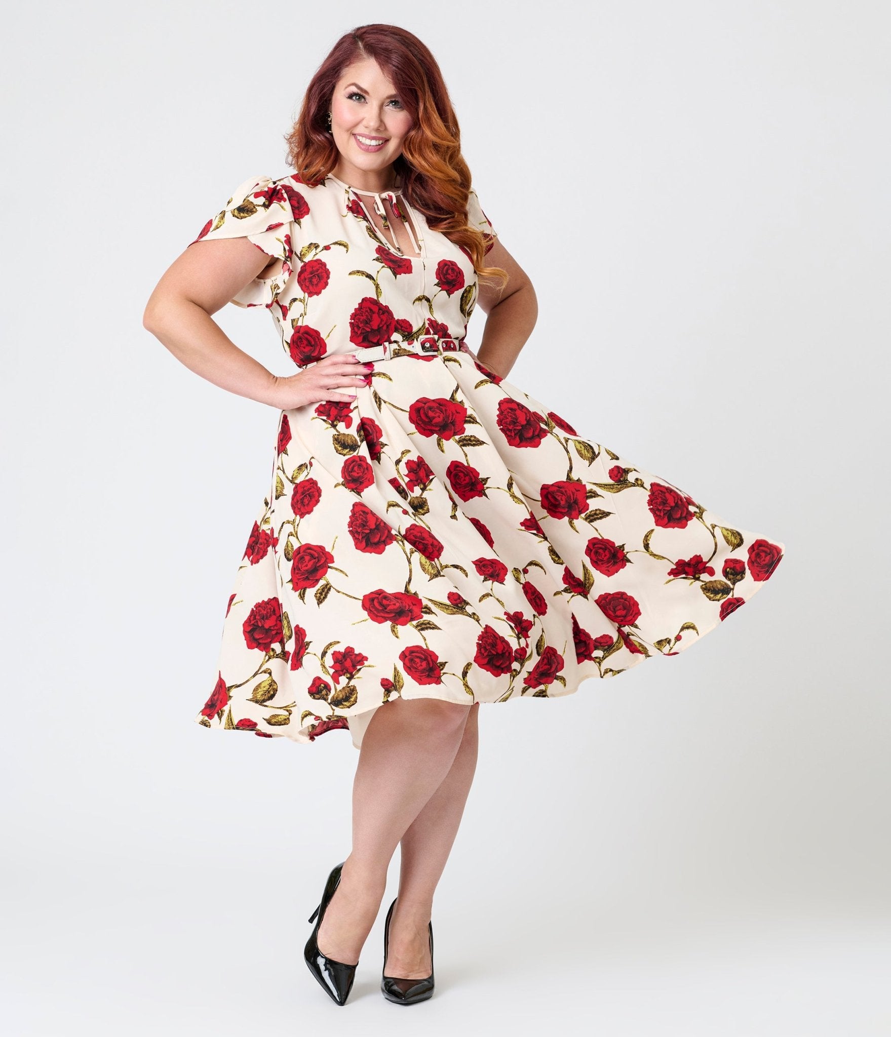 Unique Vintage Plus Size White & Red Rose Dahlia Swing Dress