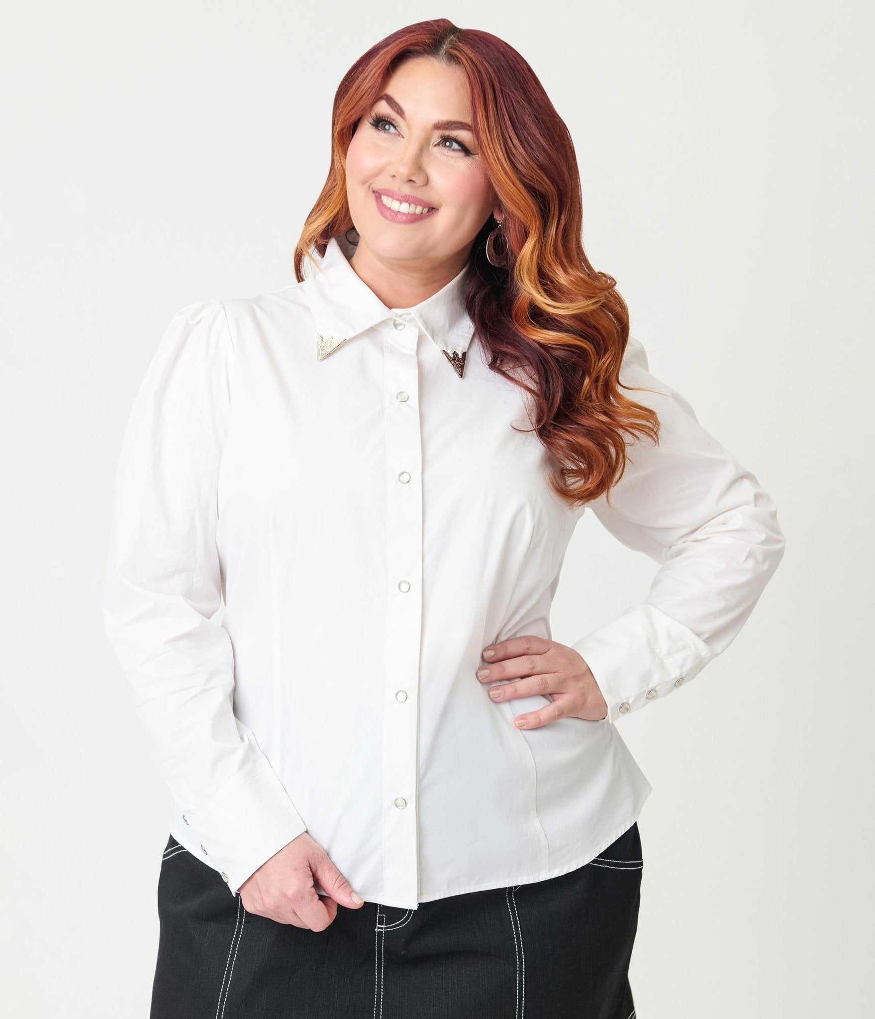 Unique Vintage Plus Size White & Silver Collar Tipped Blouse - Unique Vintage - Womens, TOPS, WOVEN TOPS