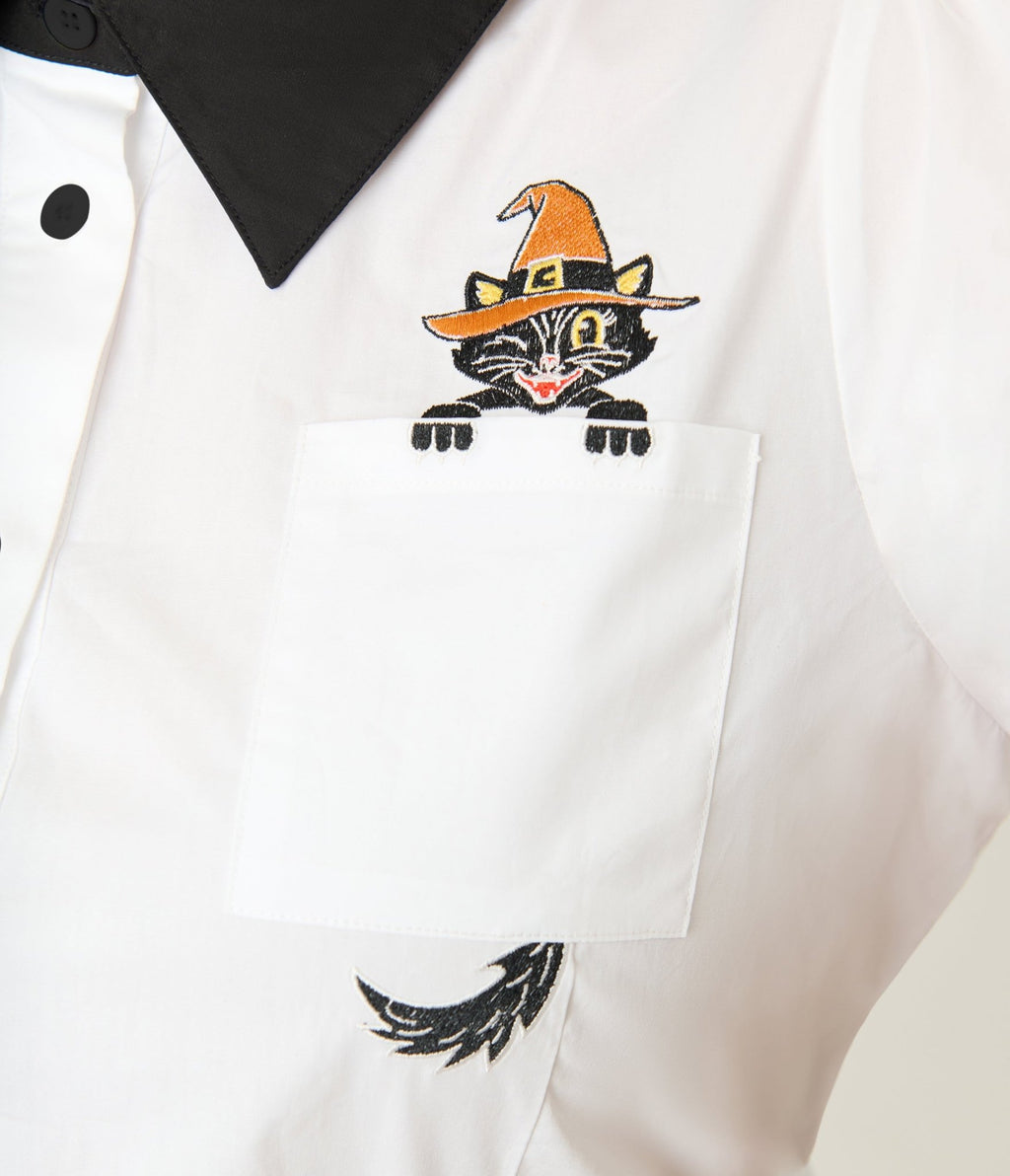 Unique Vintage Plus Size White Spooky Cat Pocket Collared Blouse - Unique Vintage - Womens, TOPS, WOVEN TOPS