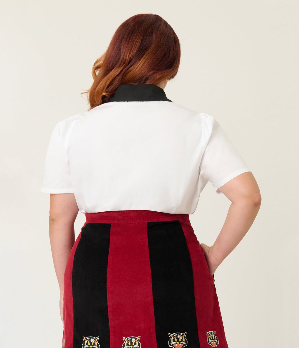 Unique Vintage Plus Size White Spooky Cat Pocket Collared Blouse - Unique Vintage - Womens, TOPS, WOVEN TOPS