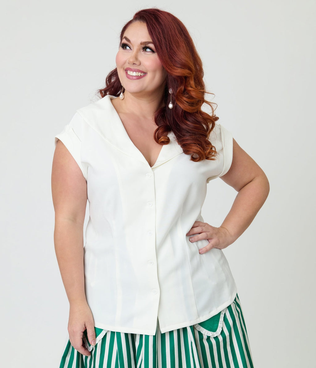 Unique Vintage Plus Size White Twill Sleeveless Blouse - Unique Vintage - Womens, TOPS, WOVEN TOPS