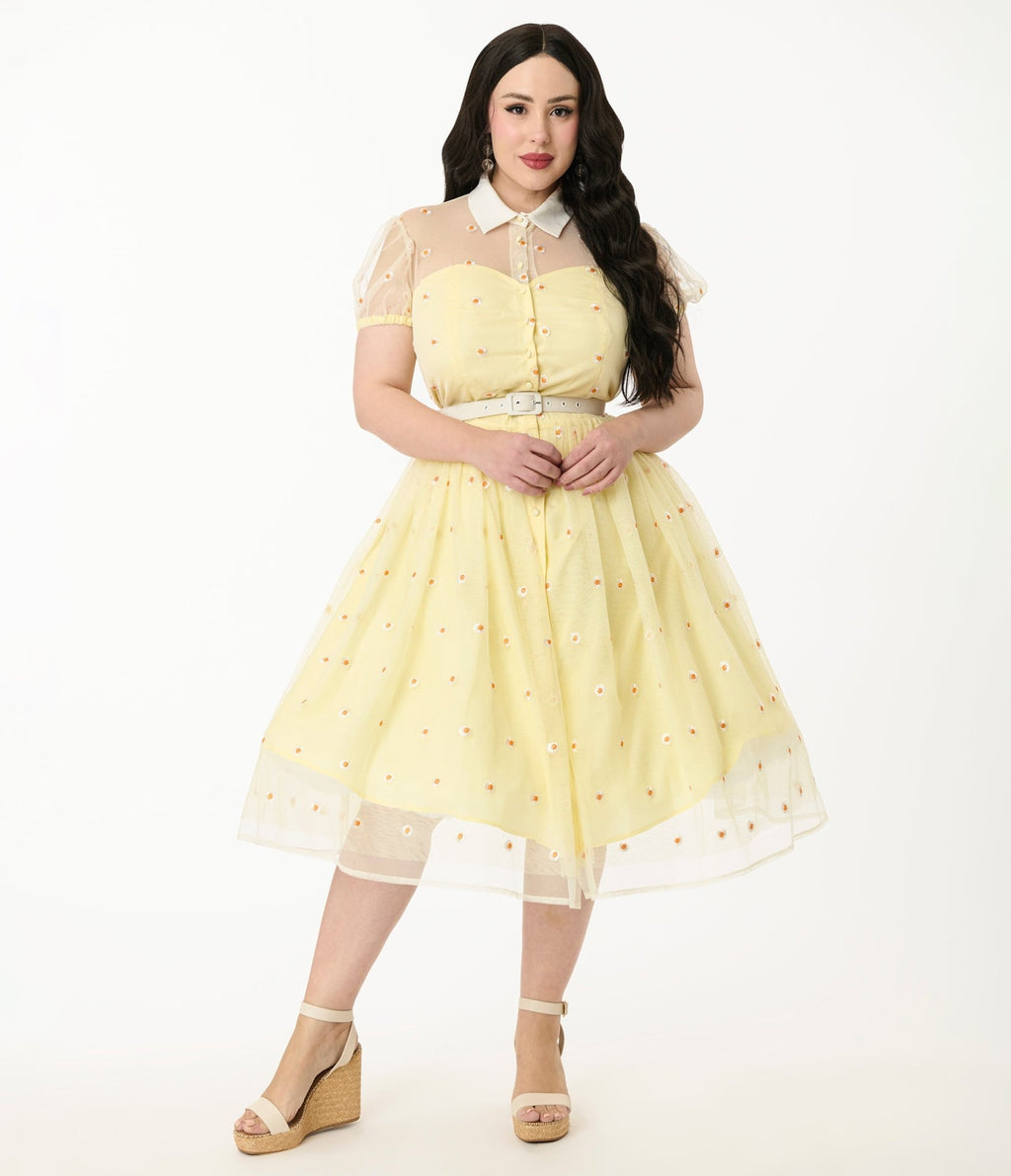 Unique Vintage Plus Size Yellow Daisy Print Hollie Swing Dress - Unique Vintage - Womens, DRESSES, SWING