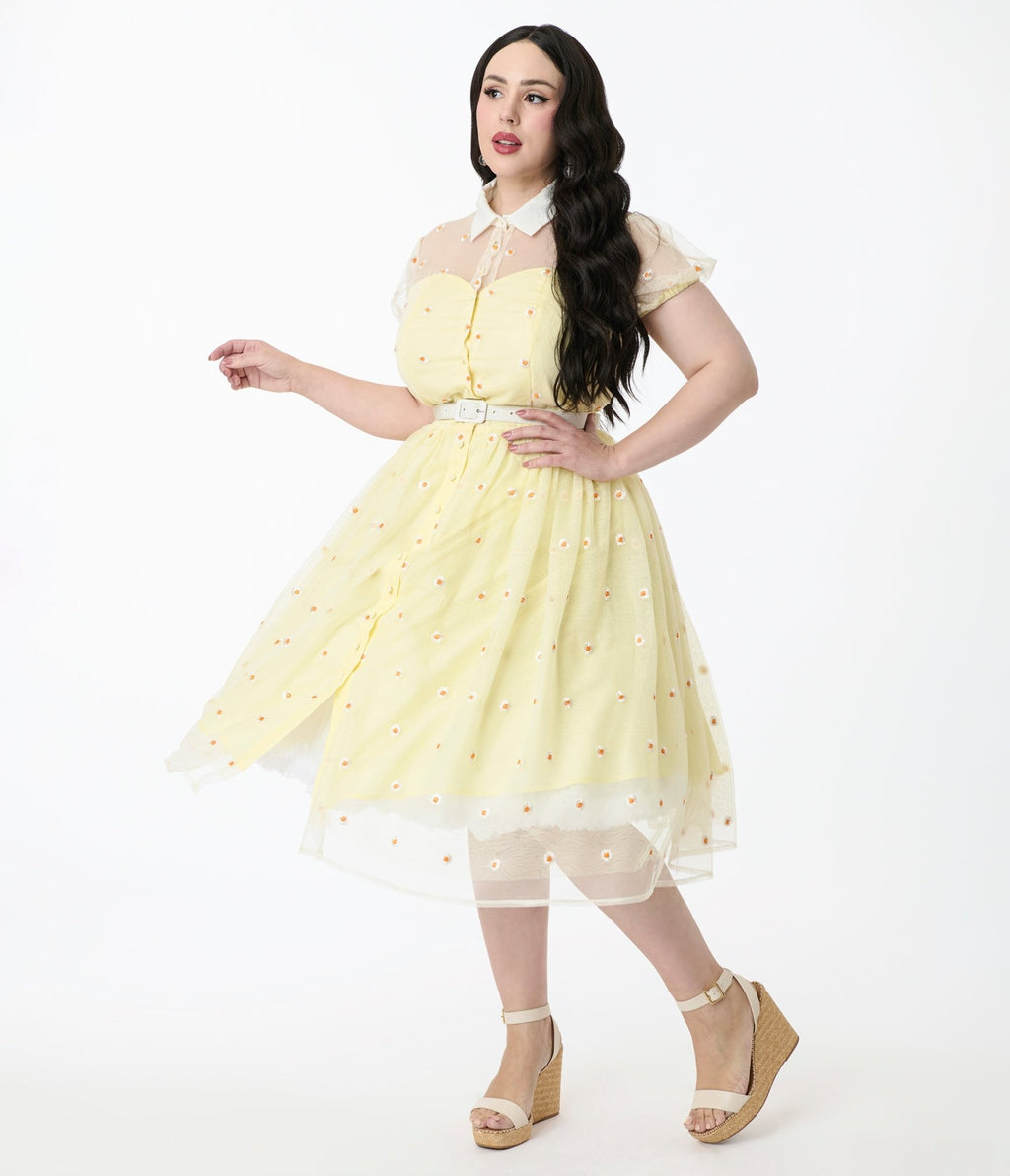 Unique Vintage Plus Size Yellow Daisy Print Hollie Swing Dress - Unique Vintage - Womens, DRESSES, SWING