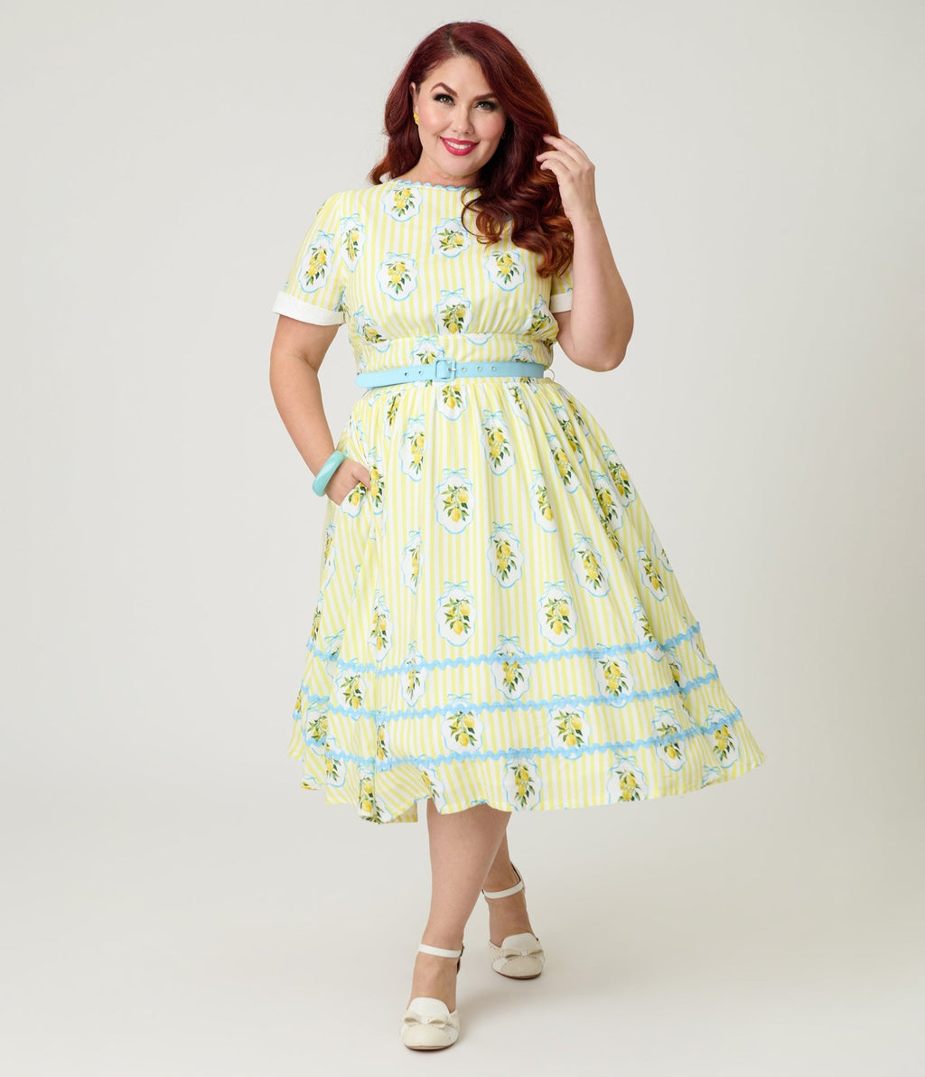 Unique Vintage Plus Size Yellow Lemon Striped Swing Dress - Unique Vintage - Womens, DRESSES, SWING