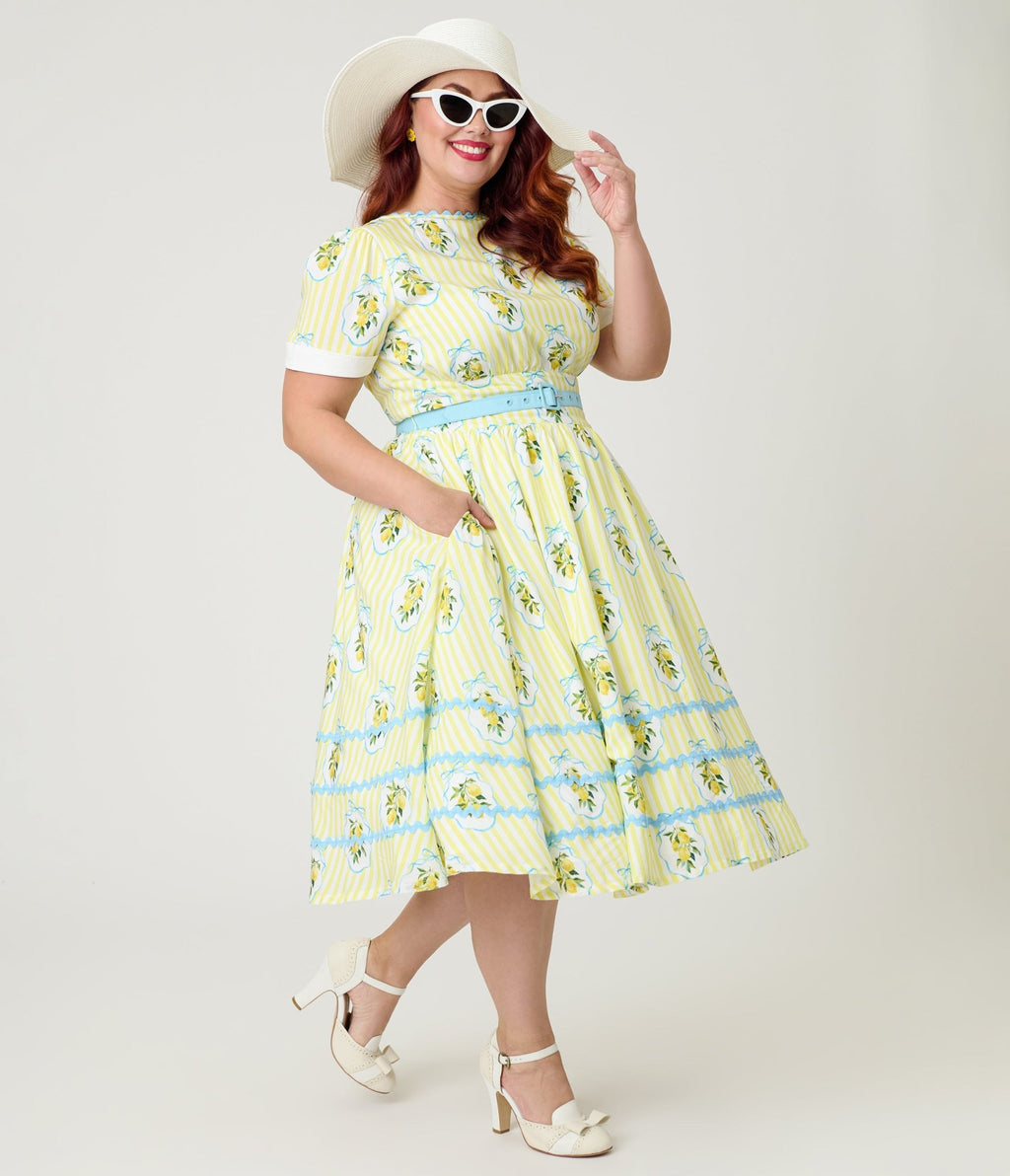 Unique Vintage Plus Size Yellow Lemon Striped Swing Dress - Unique Vintage - Womens, DRESSES, SWING