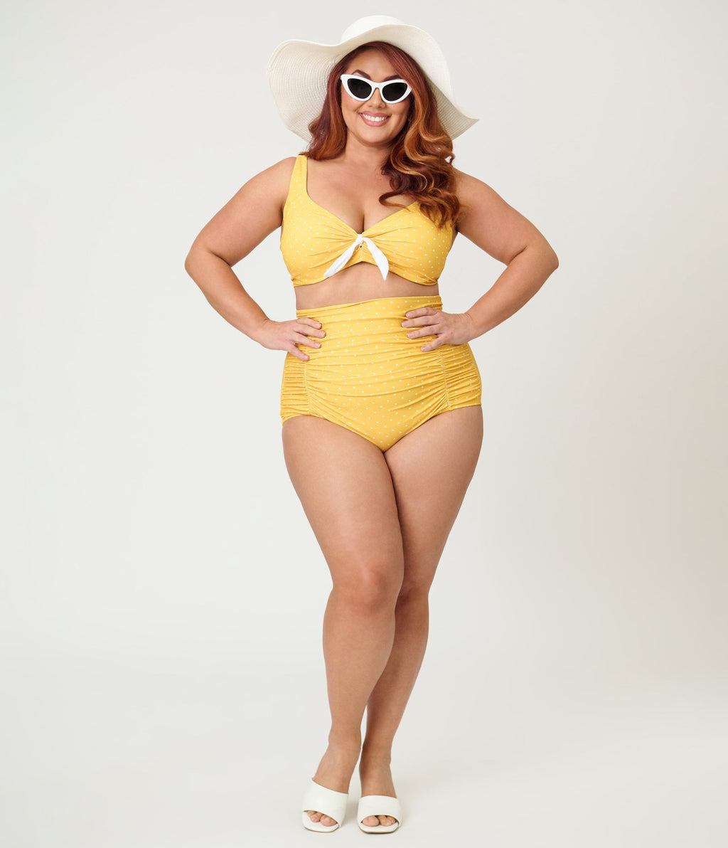 Unique Vintage Plus Size Yellow & White Pin Dot Swim Top - Unique Vintage - Womens, SWIM, TOP