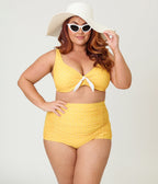 Unique Vintage Plus Size Yellow & White Pin Dot Swim Top - Unique Vintage - Womens, SWIM, TOP