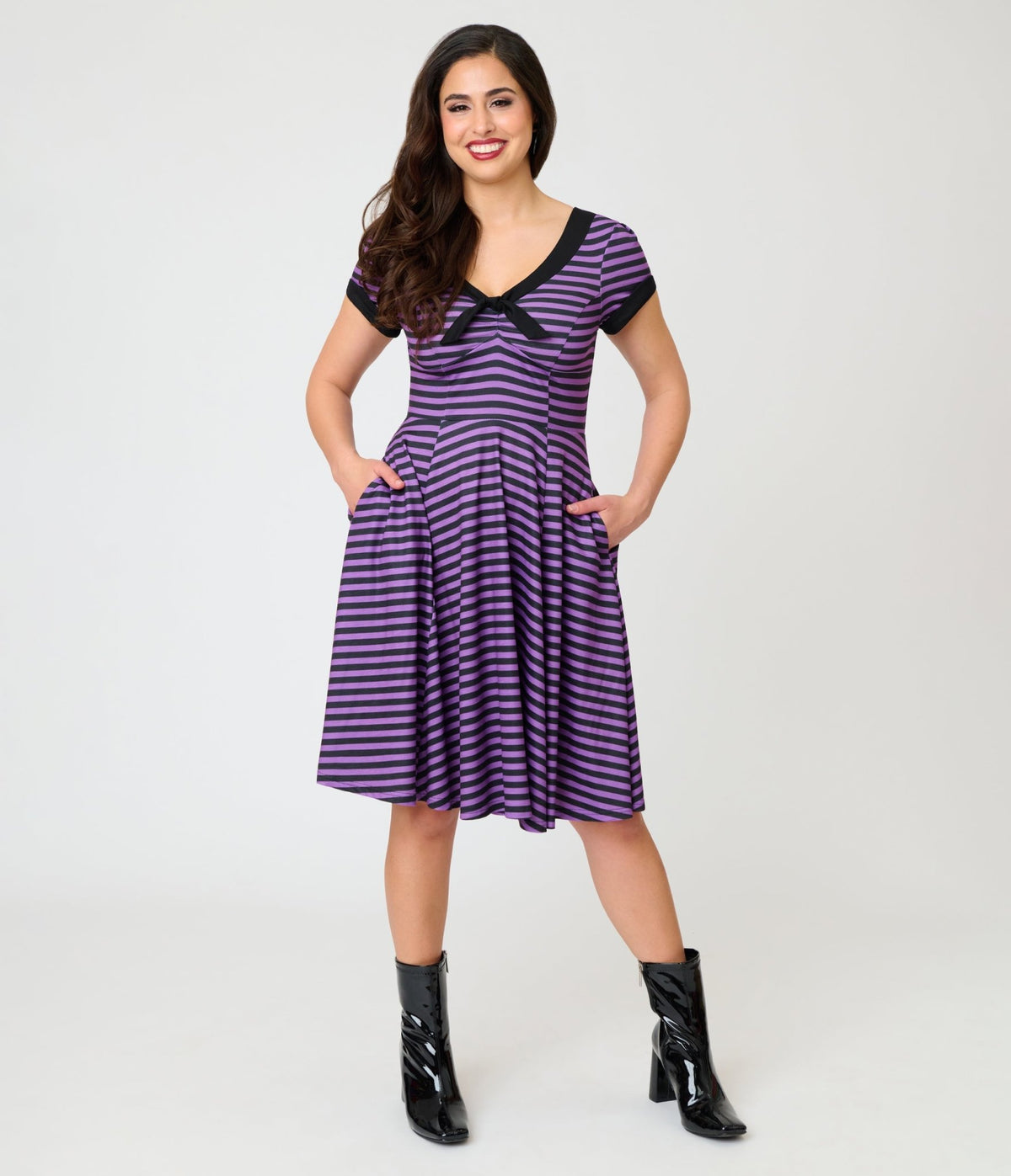 Unique Vintage Purple & Black Stripe Natalie Swing Dress - Unique Vintage - Womens, DRESSES, SWING