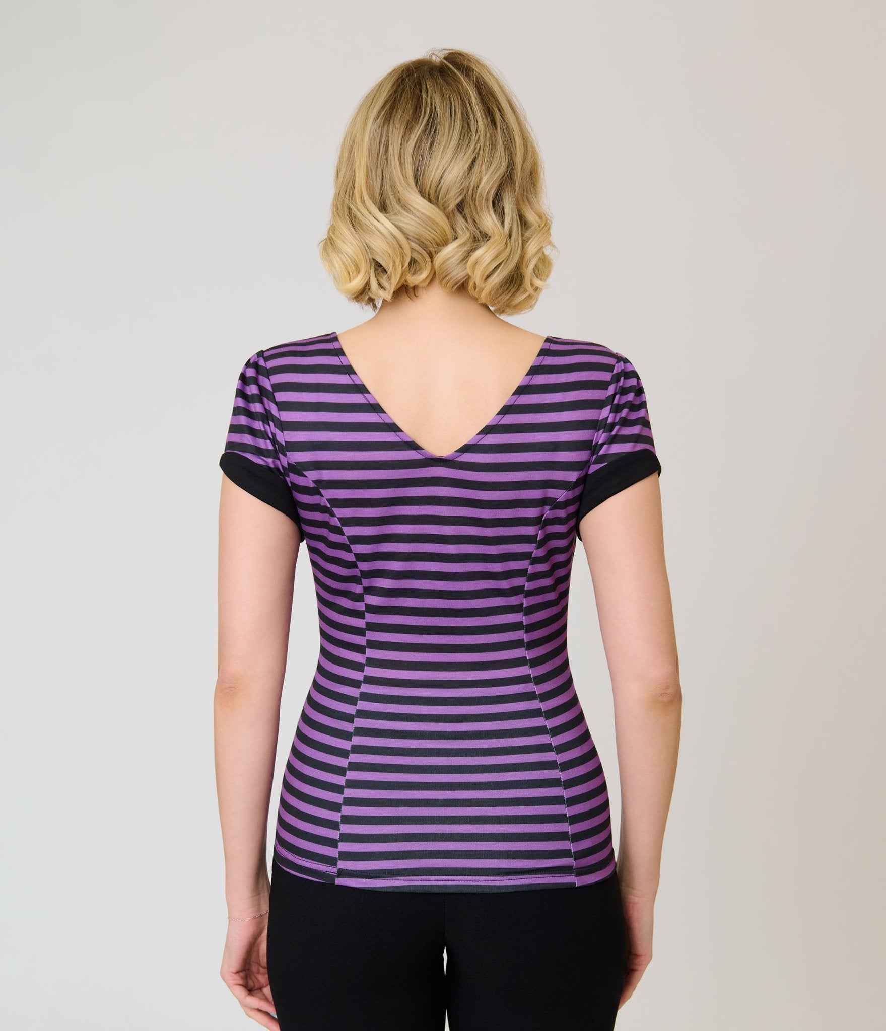 Unique Vintage Purple & Black Stripe V-Neck Bow Top - Unique Vintage - Womens, TOPS, KNIT TOPS