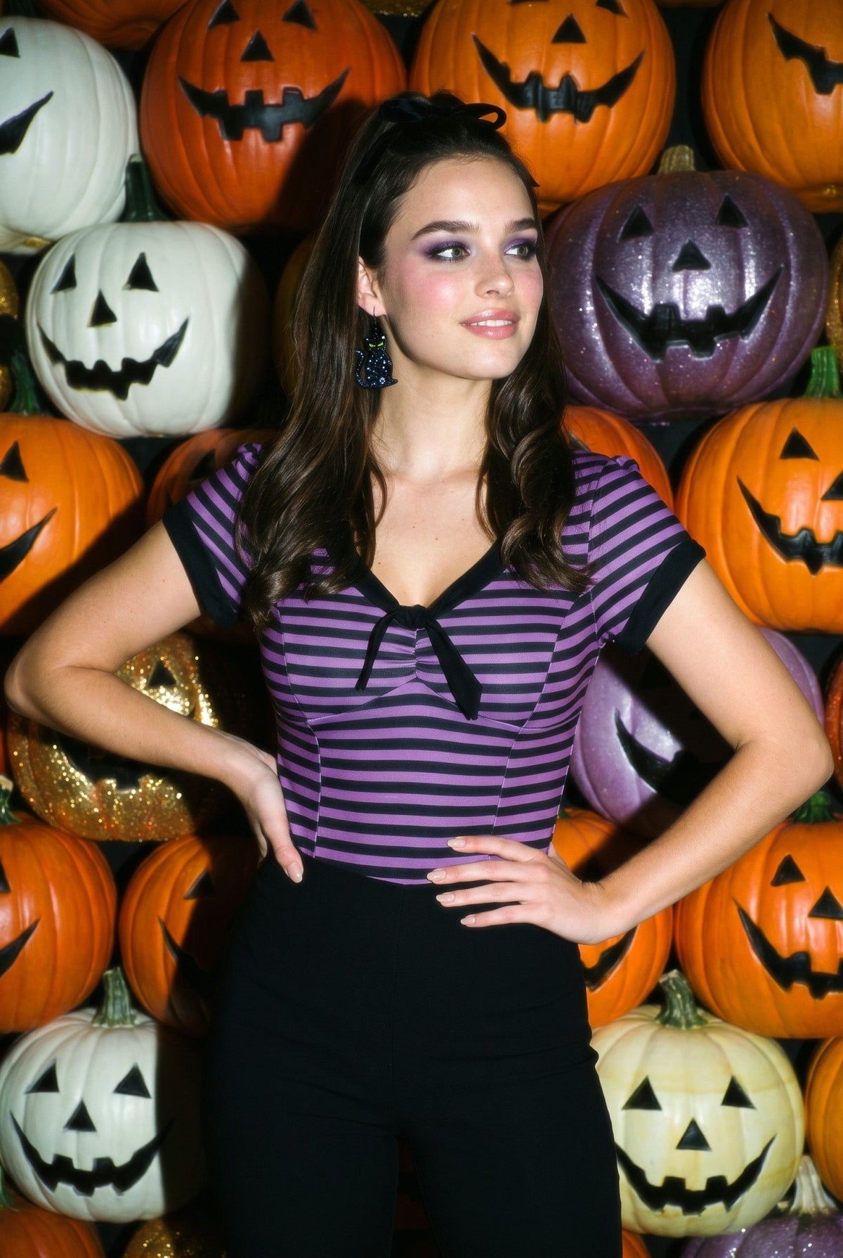 Unique Vintage Purple & Black Stripe V-Neck Bow Top - Unique Vintage - Womens, TOPS, KNIT TOPS