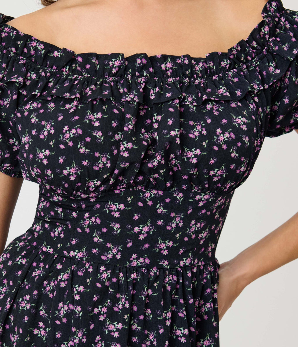 Unique Vintage Purple Ditzy Off The Shoulder Ruffle Swing Dress - Unique Vintage - Womens, DRESSES, SWING