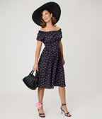 Unique Vintage Purple Ditzy Off The Shoulder Ruffle Swing Dress - Unique Vintage - Womens, DRESSES, SWING