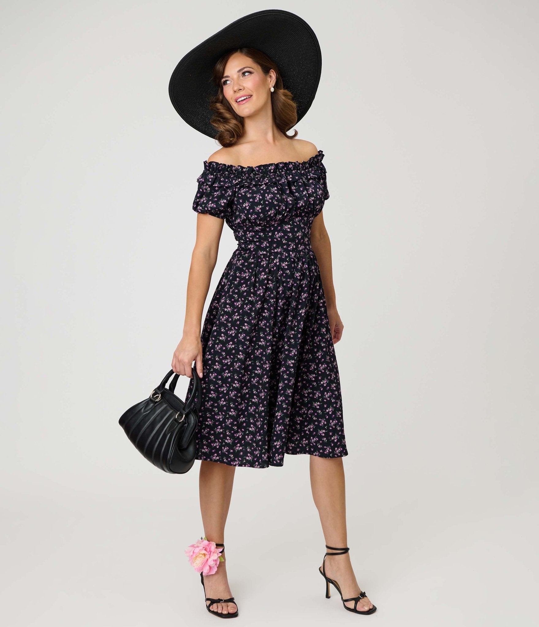 off the shoulder swing dress Unique Vintage Purple Ditzy Ruffle Width:D (Medium) tie shoulder straps while Discover 120 long torso Swatch Colour|#000000