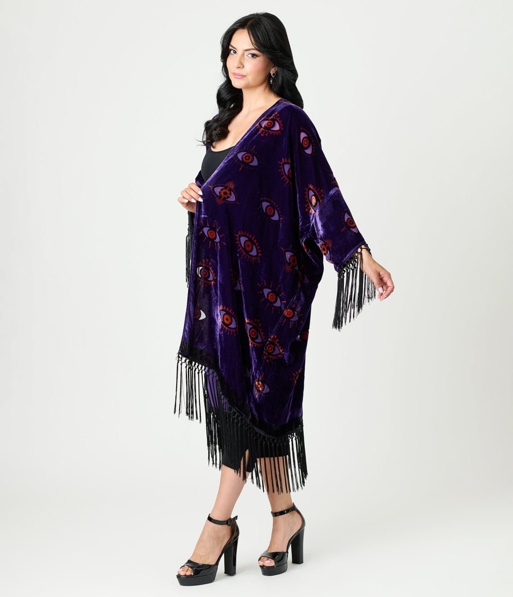 Unique Vintage Purple Evil Eye Burnout Fringe Kimono - Unique Vintage - Womens, FLAPPER, COATS