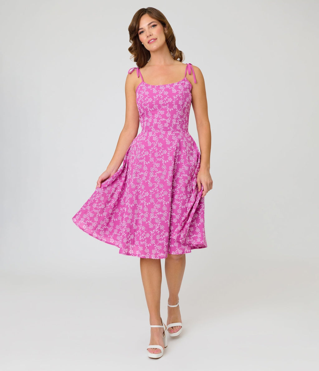 Unique Vintage Purple Floral Eyelet Bobbie Swing Dress - Unique Vintage - Womens, DRESSES, SWING