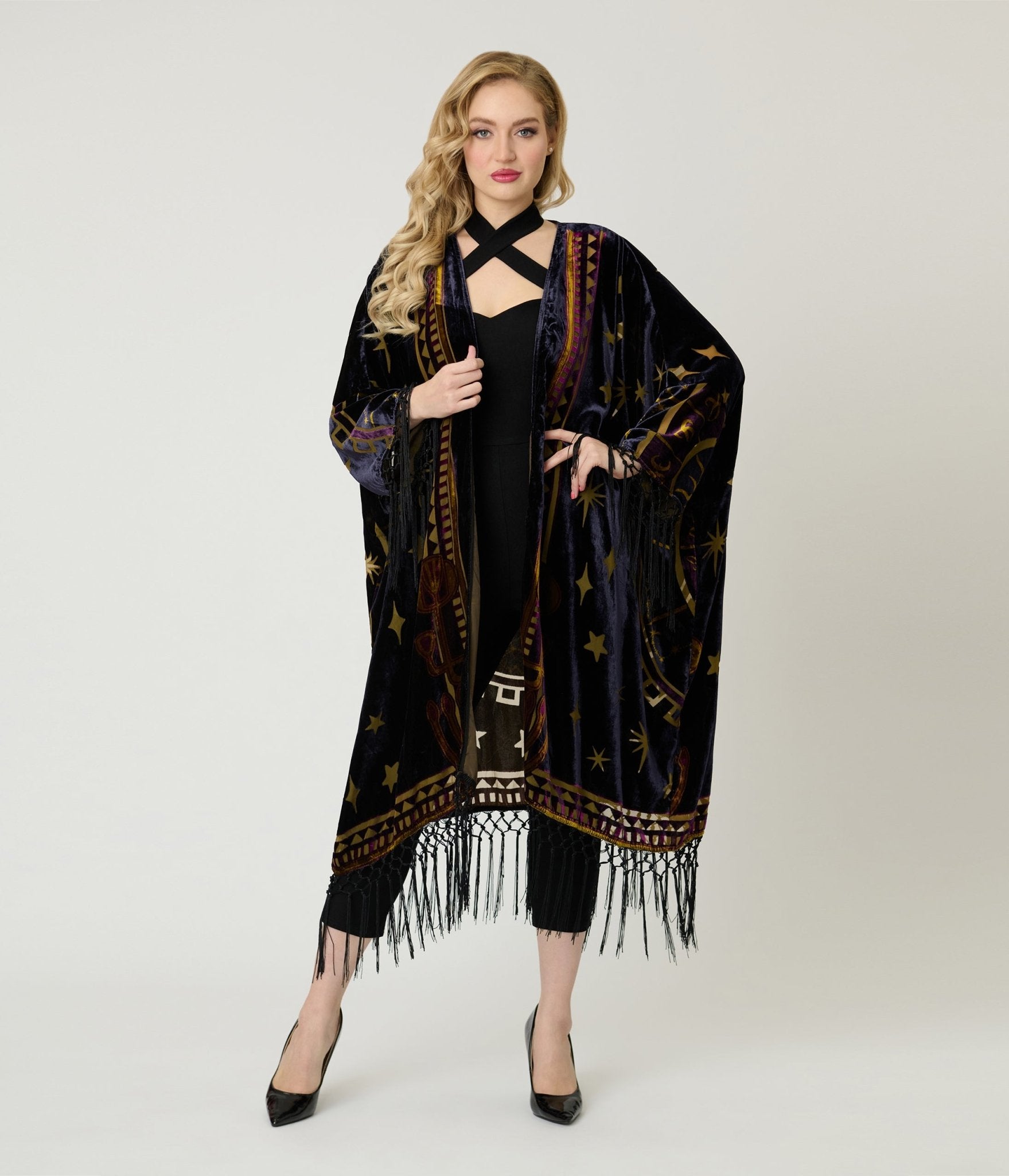 Unique Vintage Purple & Gold Velvet Zodiac Fringe Kimono - Unique Vintage - Womens, FLAPPER, COATS