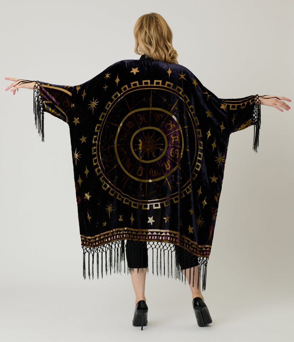 Unique Vintage Purple & Gold Velvet Zodiac Fringe Kimono - Unique Vintage - Womens, FLAPPER, COATS