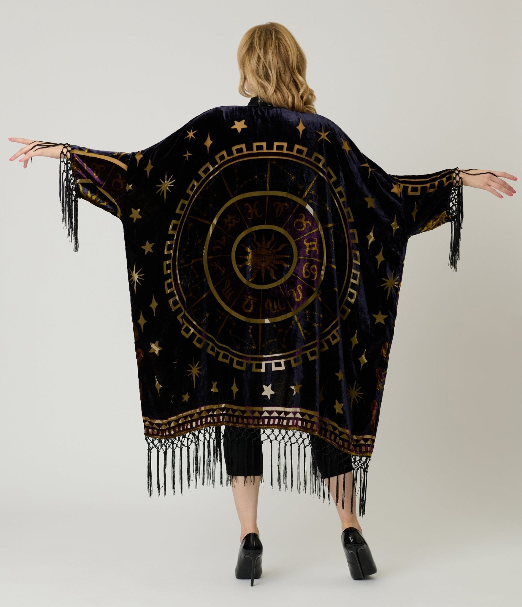 Unique Vintage Purple & Gold Velvet Zodiac Fringe Kimono - Unique Vintage - Womens, FLAPPER, COATS