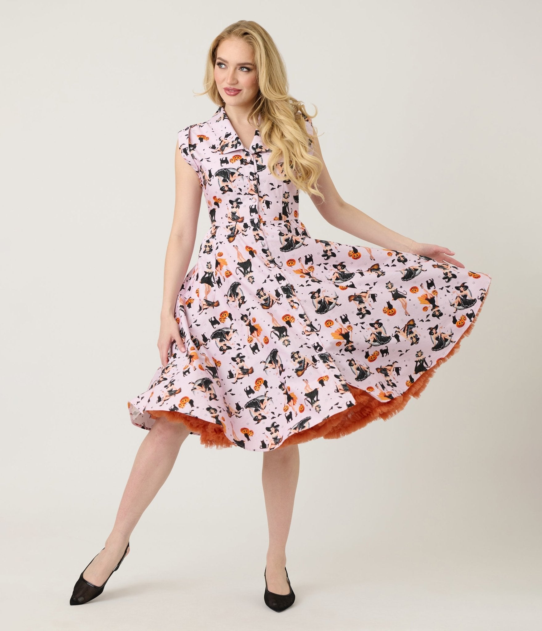 Unique Vintage Purple Pin-Up Witch Cotton Shirt Dress