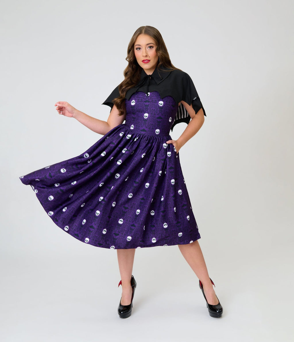 Unique Vintage Purple Skull Print & Capelet Shirley Swing Dress - Unique Vintage - Womens, DRESSES, SWING