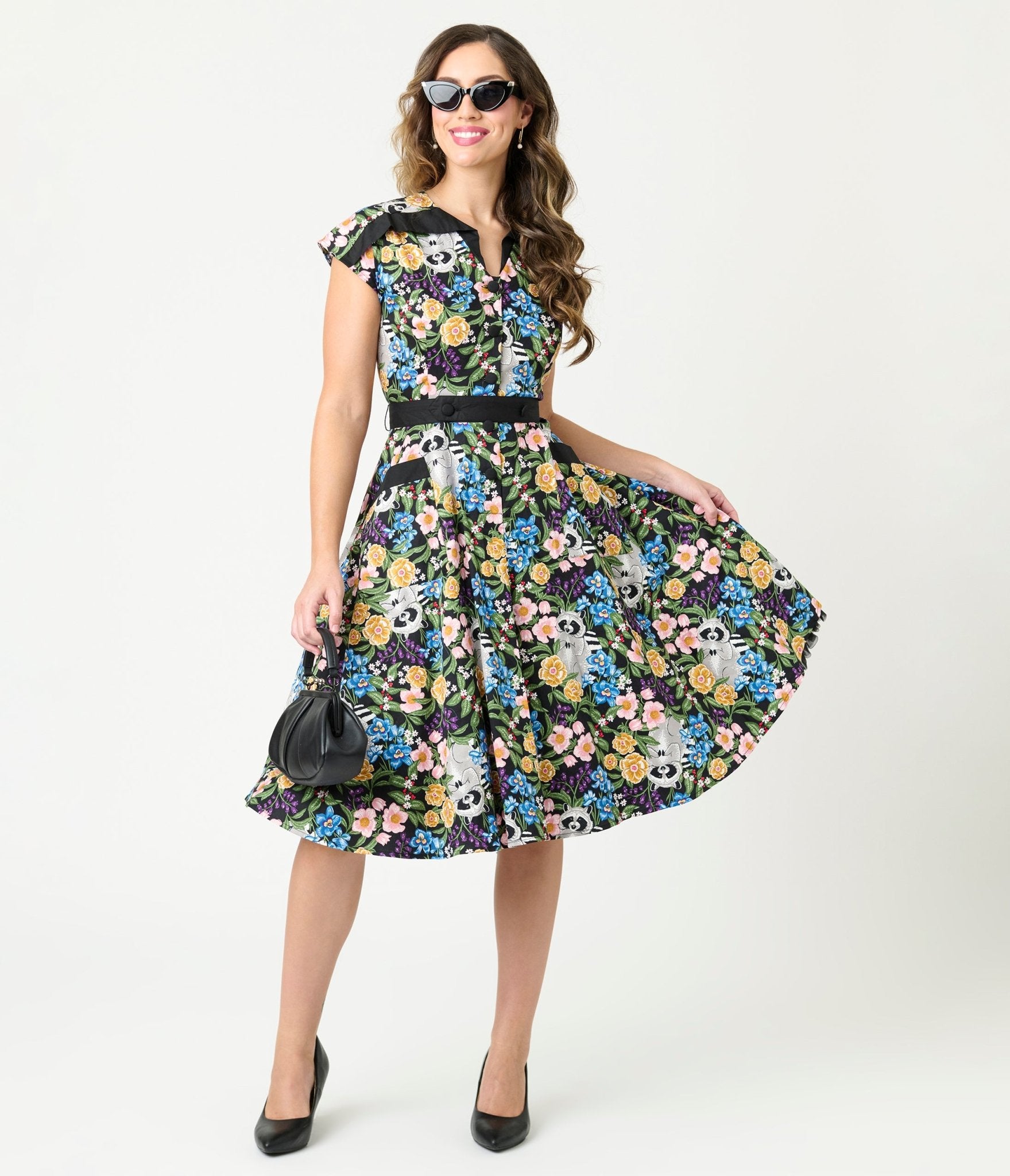 Unique Vintage Raccoon Floral Print Hedda Swing Dress - Unique Vintage - Womens, DRESSES, SWING