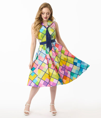 Unique Vintage Rainbow Diamond Plaid Edith Swing Dress - Unique Vintage - Womens, DRESSES, SWING