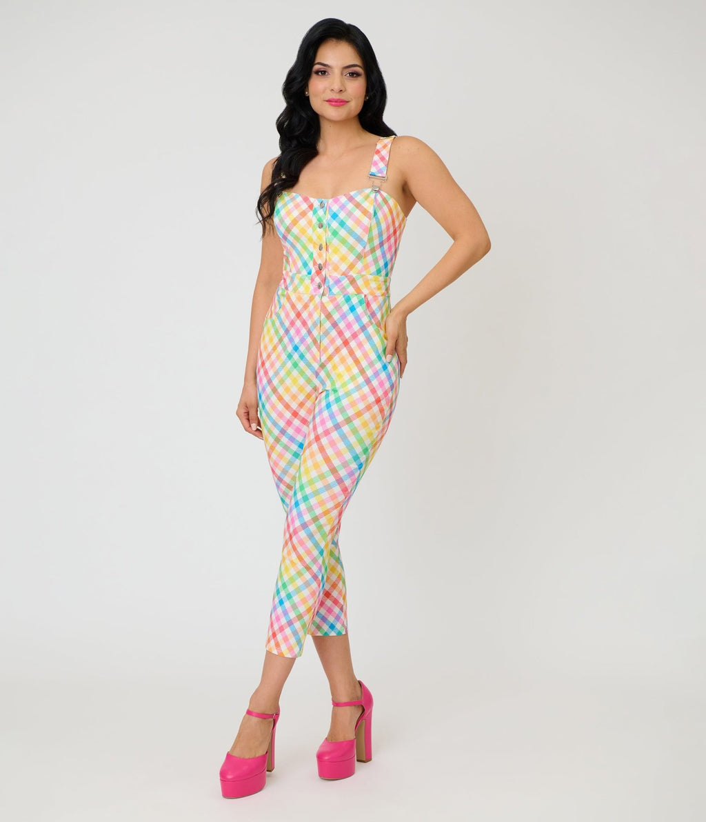 Unique Vintage Rainbow Gingham Eartha Jumpsuit - Unique Vintage - Womens, BOTTOMS, ROMPERS AND JUMPSUITS
