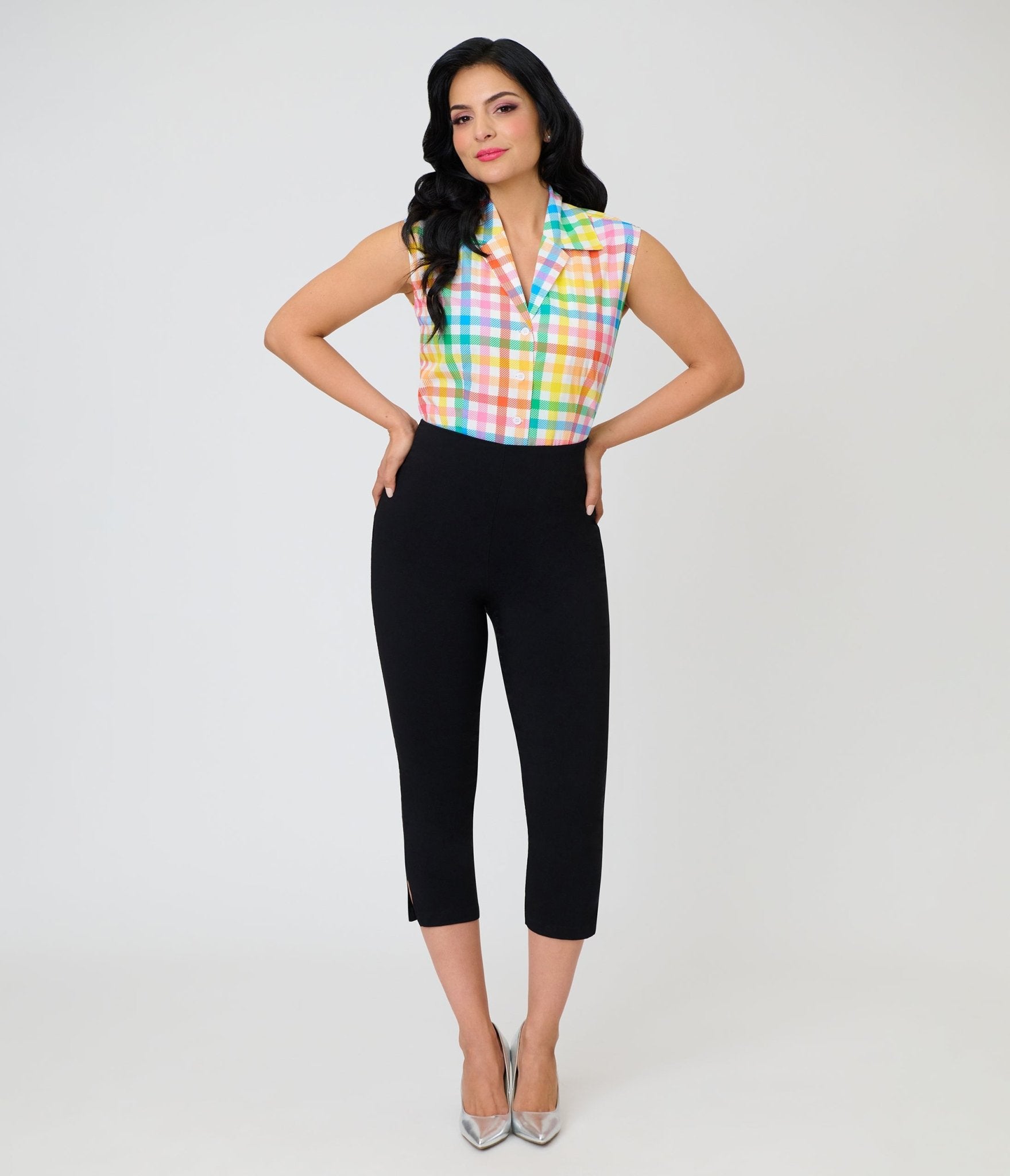 Unique Vintage Rainbow Gingham Notched Collar Cotton Blouse - Unique Vintage - Womens, TOPS, WOVEN TOPS