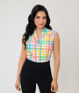 Unique Vintage Rainbow Gingham Notched Collar Cotton Blouse