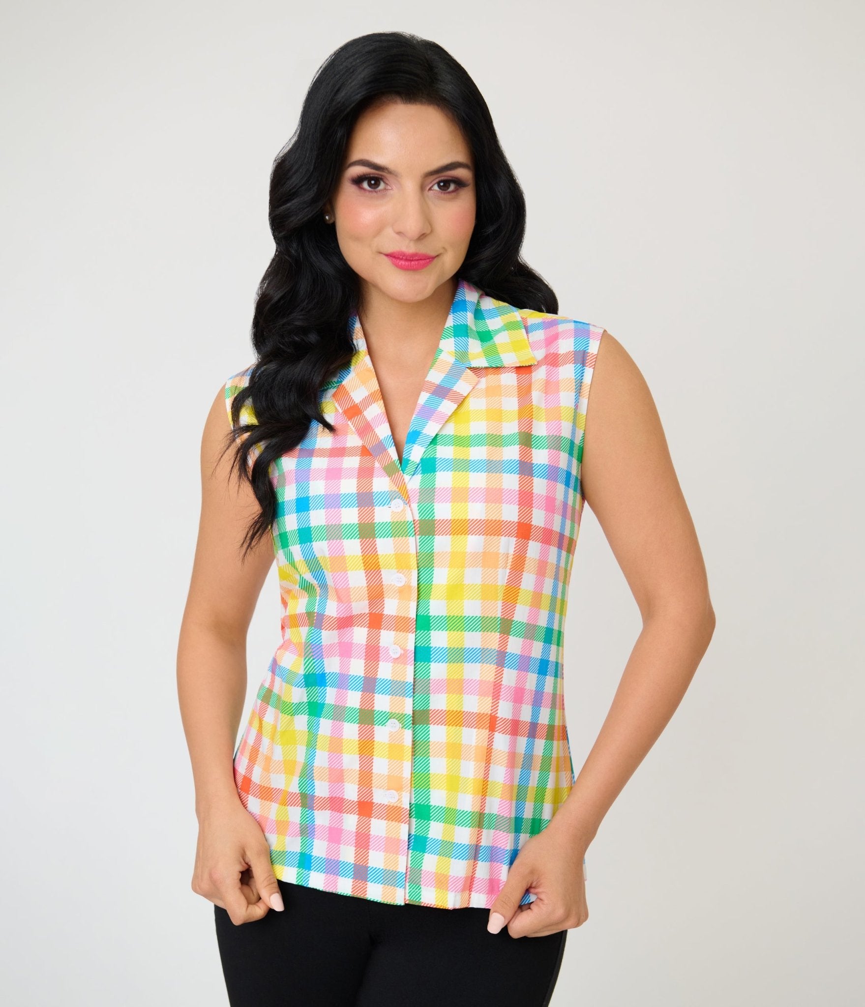 Unique Vintage Rainbow Gingham Notched Collar Cotton Blouse - Unique Vintage - Womens, TOPS, WOVEN TOPS