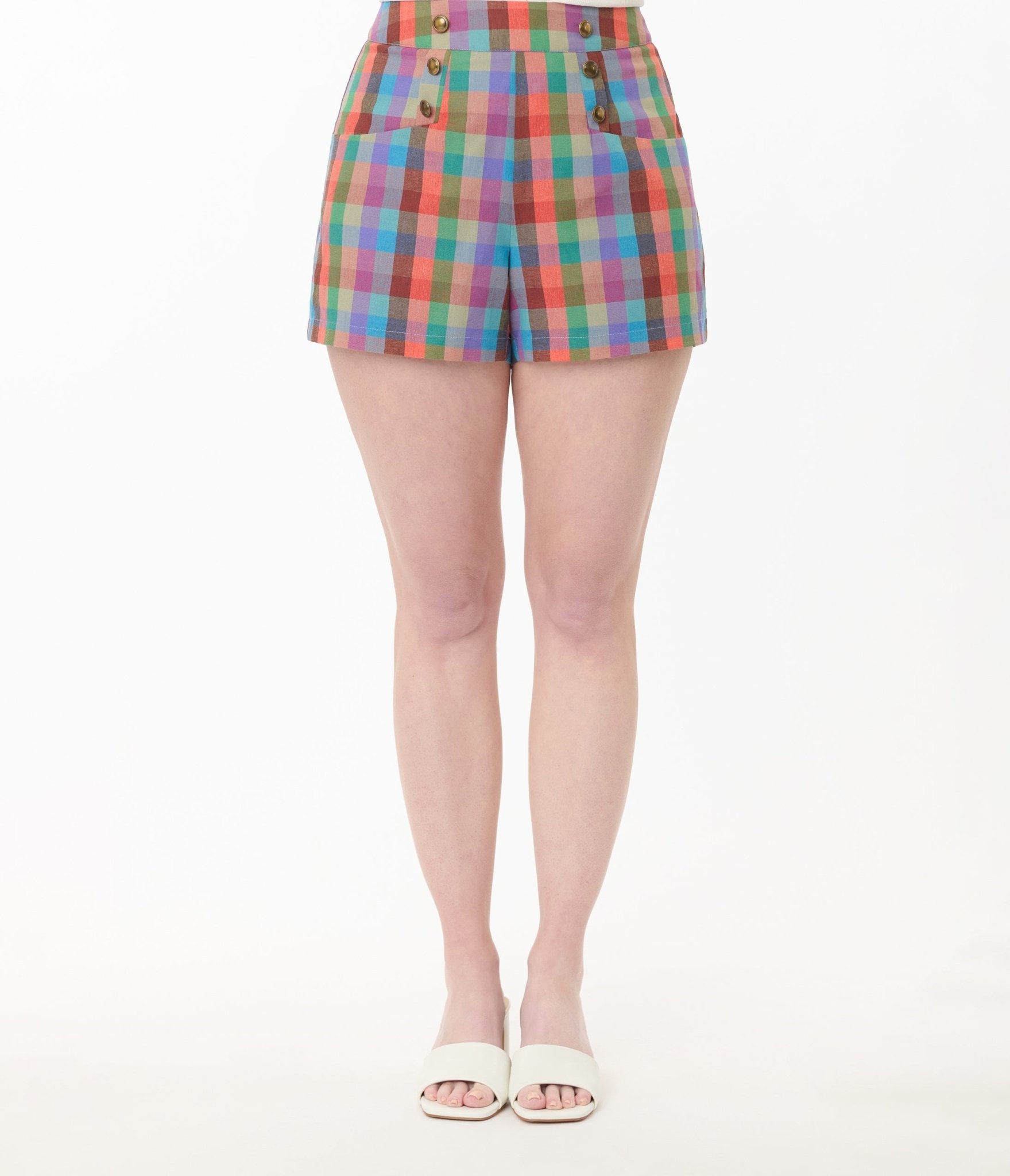 Unique Vintage Rainbow Madras Plaid High Waist Sailor Debbie Shorts - Unique Vintage - Womens, BOTTOMS, SHORTS