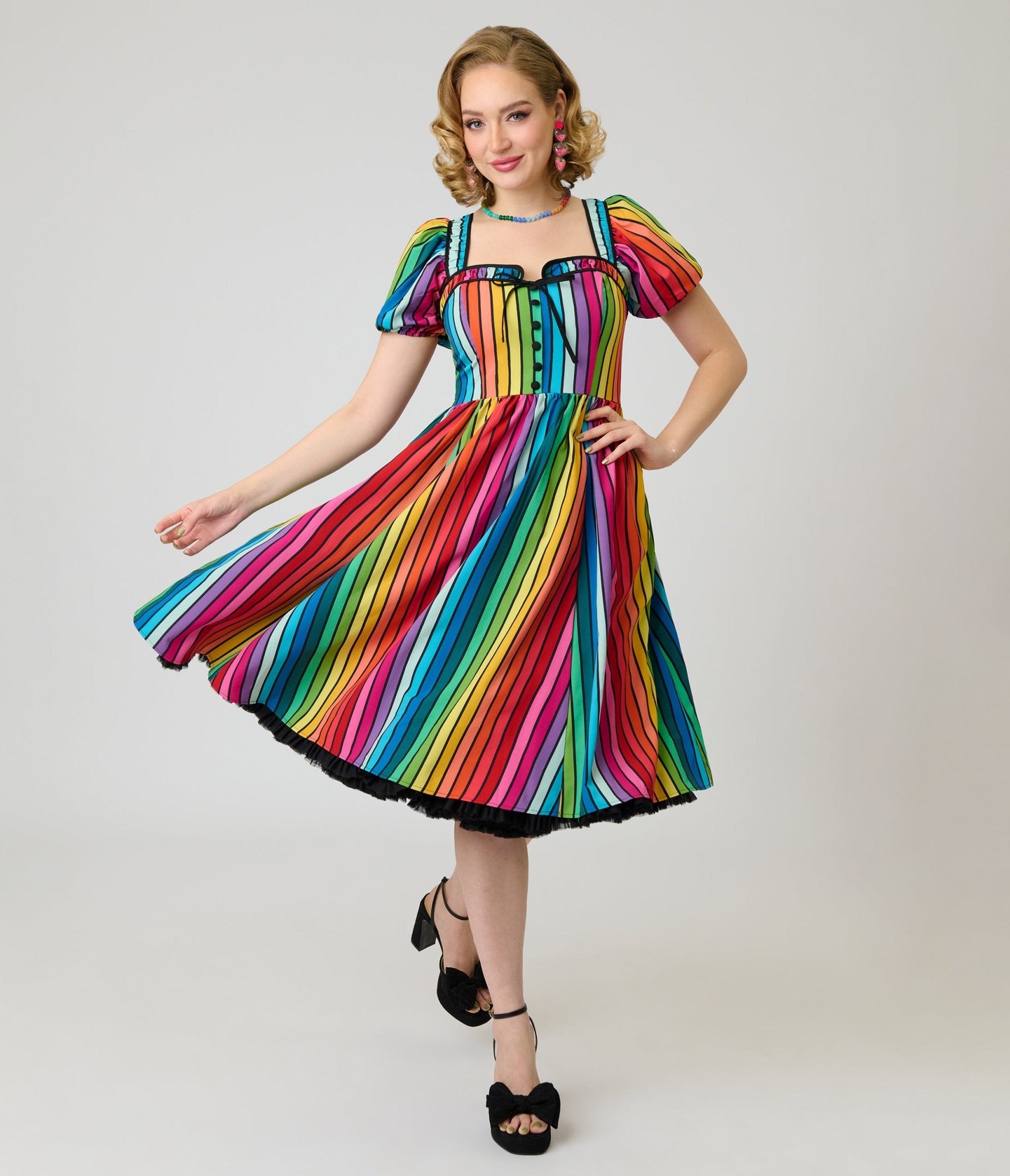 Unique Vintage Rainbow Pride Striped Button Front Swing Dress Unique Vintage Rainbow Pride Striped Button Front Swing Dress