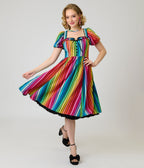 Unique Vintage Rainbow Pride Striped Button Front Swing Dress - Unique Vintage - Womens, DRESSES, SWING